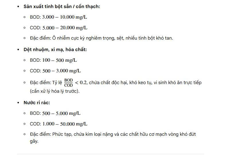 Chỉ tiêu BOD, COD theo từng ngành nước thải