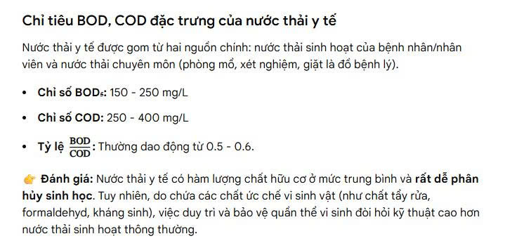 Chỉ tiêu BOD, COD theo từng ngành nước thải