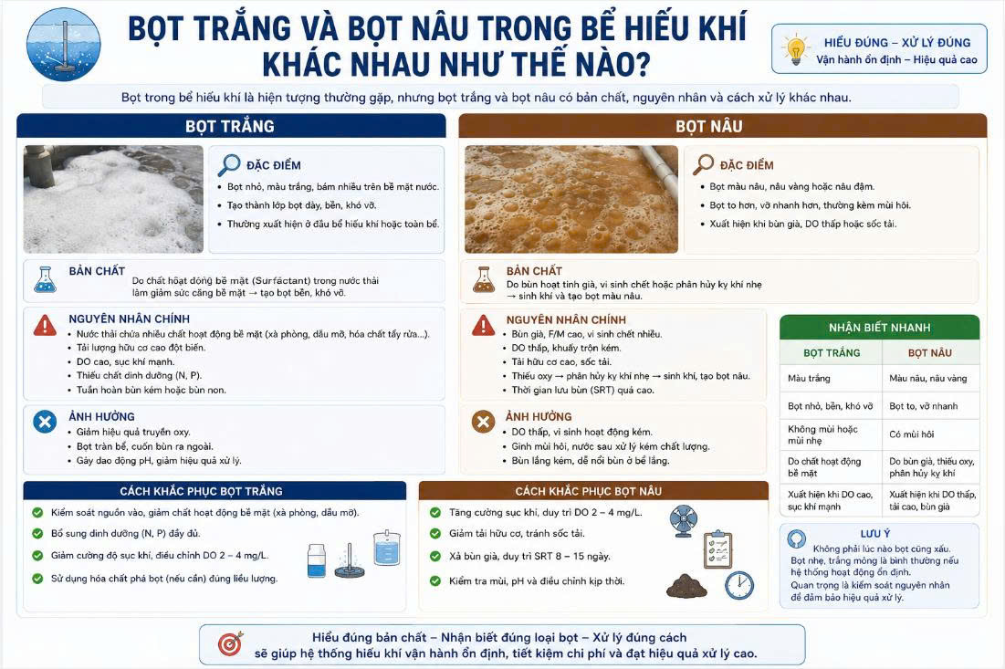 Bọt trắng và bọt nâu trong bể hiếu khí khác nhau thế nào?