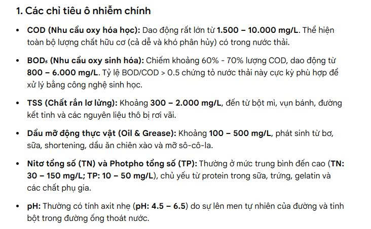 Chỉ tiêu ô nhiễm điển hình nước thải xử lý bánh kẹo